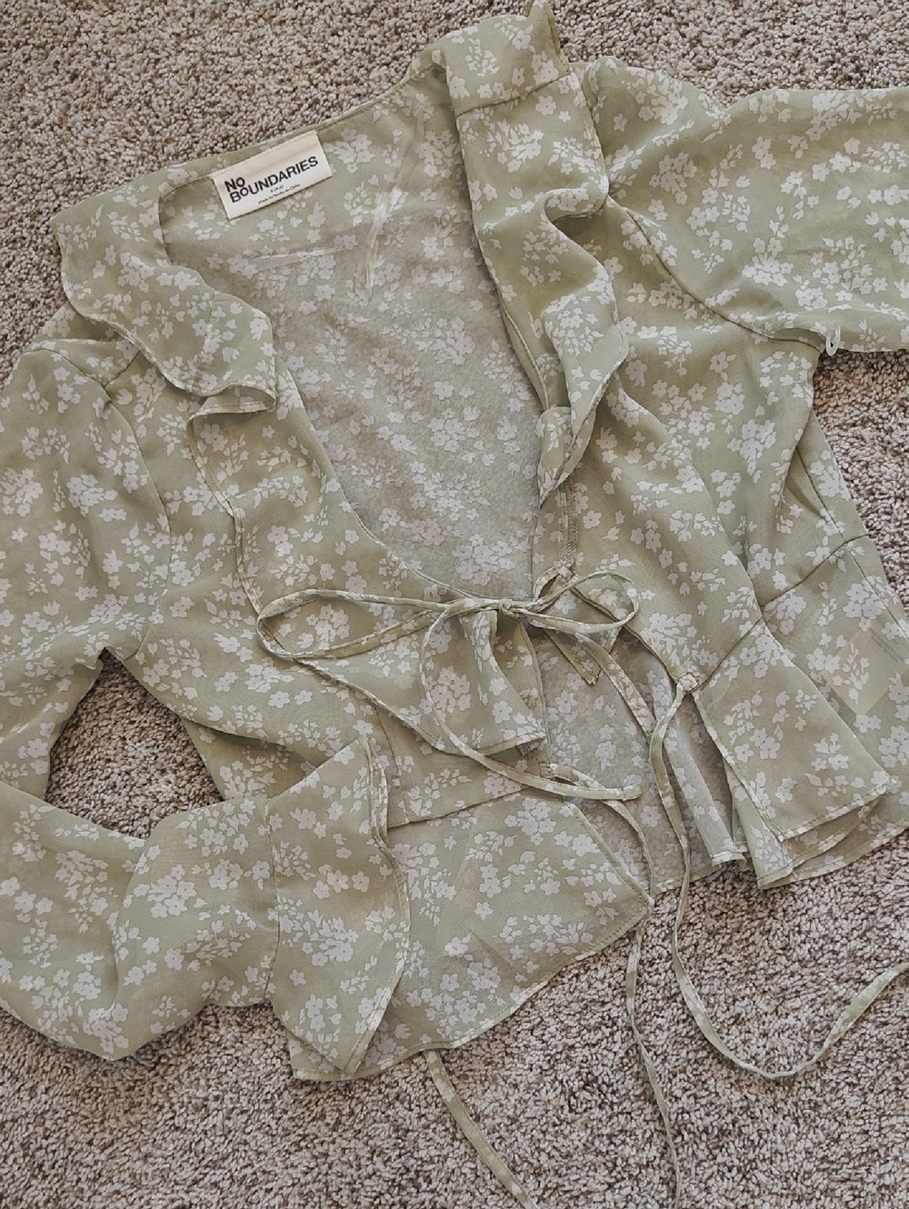 No Boundaries Sage Green Floral Tie-Front Top
